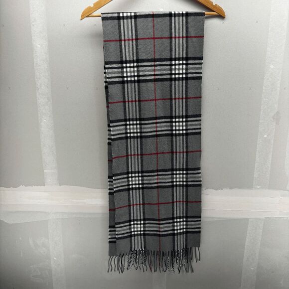BEAUTIFUL GERMAN 100% CASHMERE HAND TAILORED GRAY SCARF PLAID FRINGED - Picture 5 of 5
